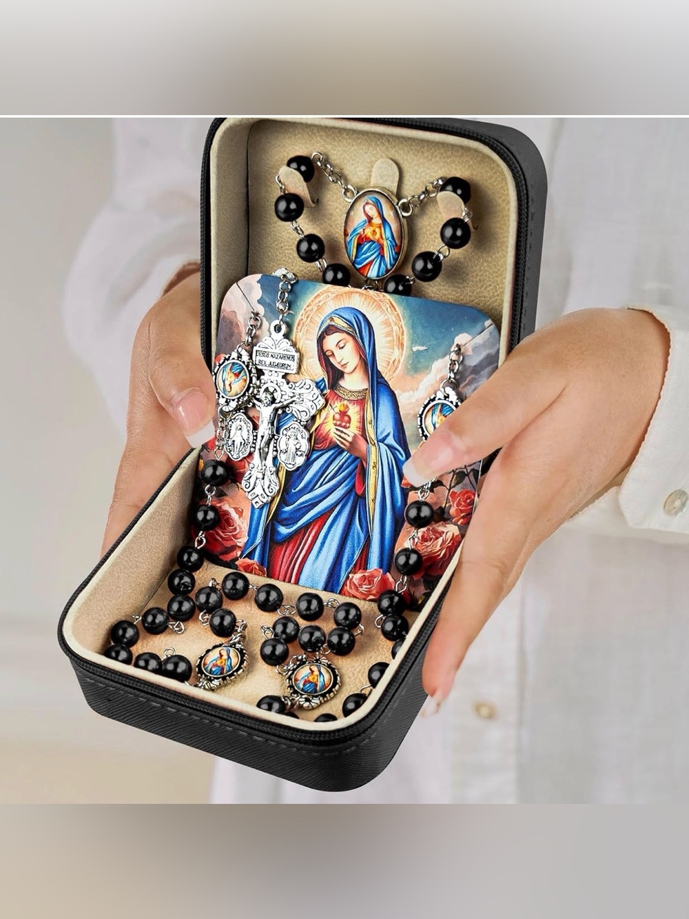 Virgin Mary Rosary Necklace w/ Travel Case. NWT 1 of each color available - Picture 5 of 10